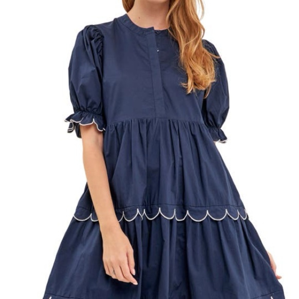 Blue and White Tiered Sundress with Puff Sleeves